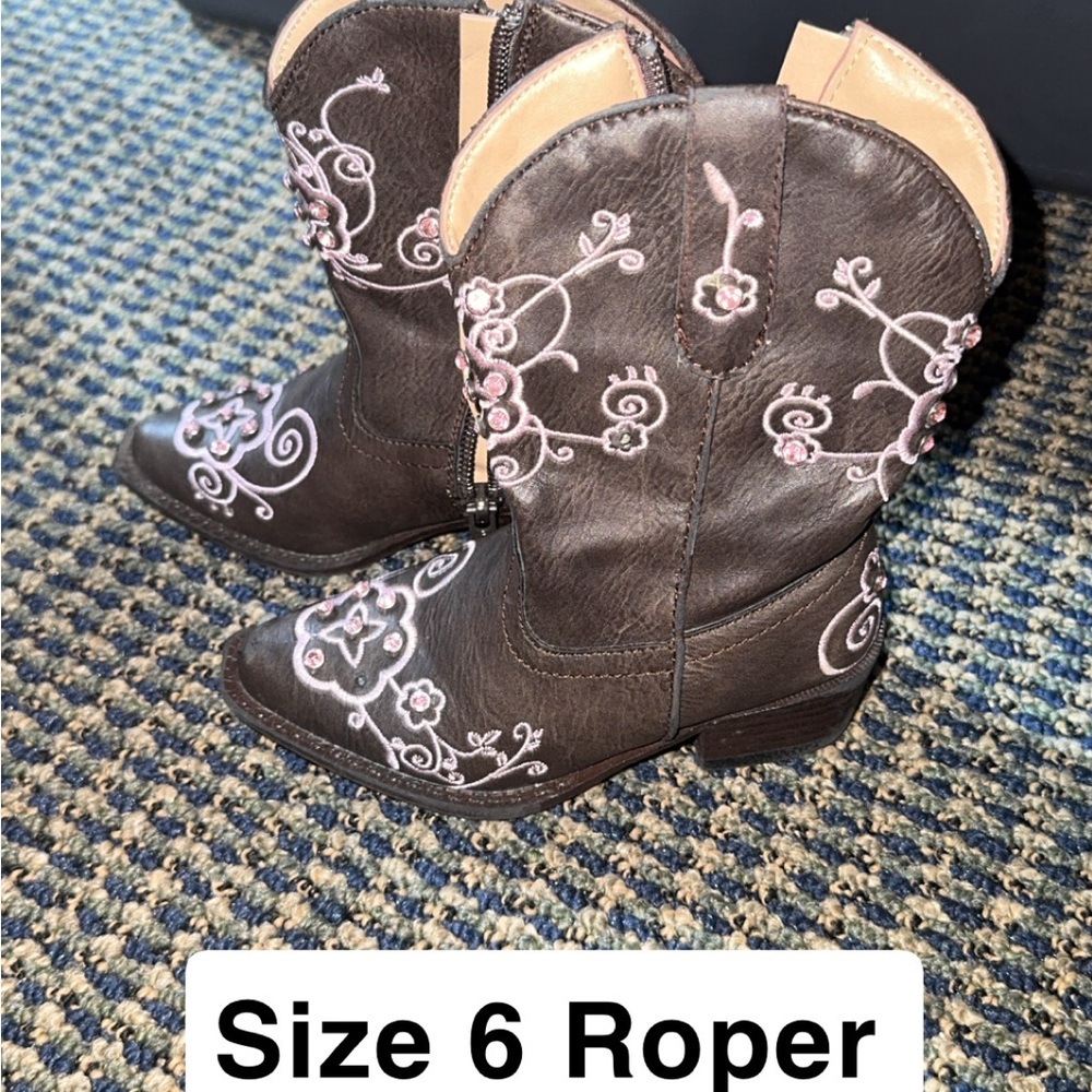 Roper Kids Brown Boots with Pink Embroidery
